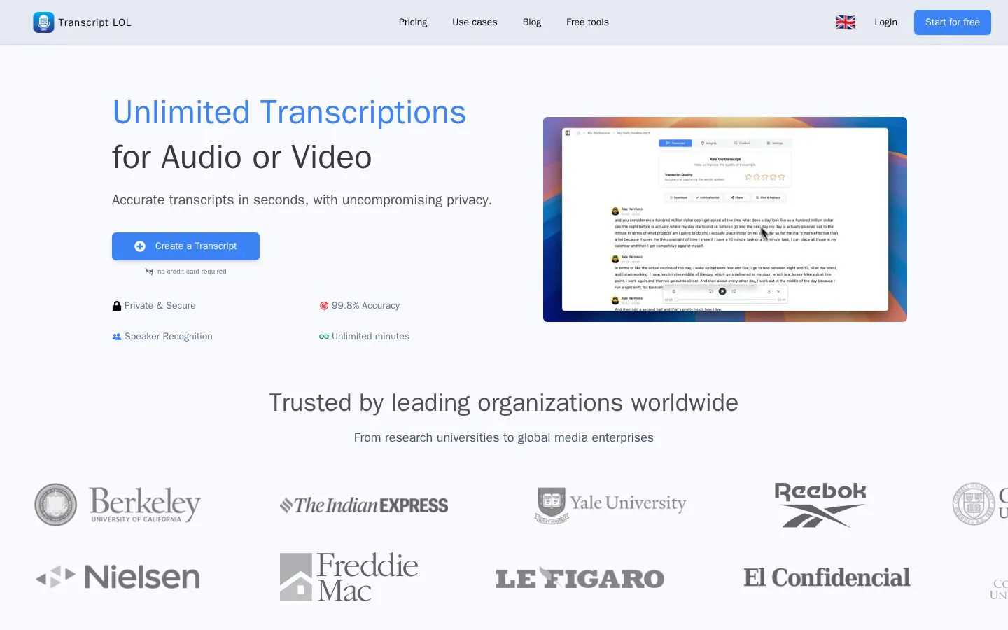 Transcript LOL website homepage