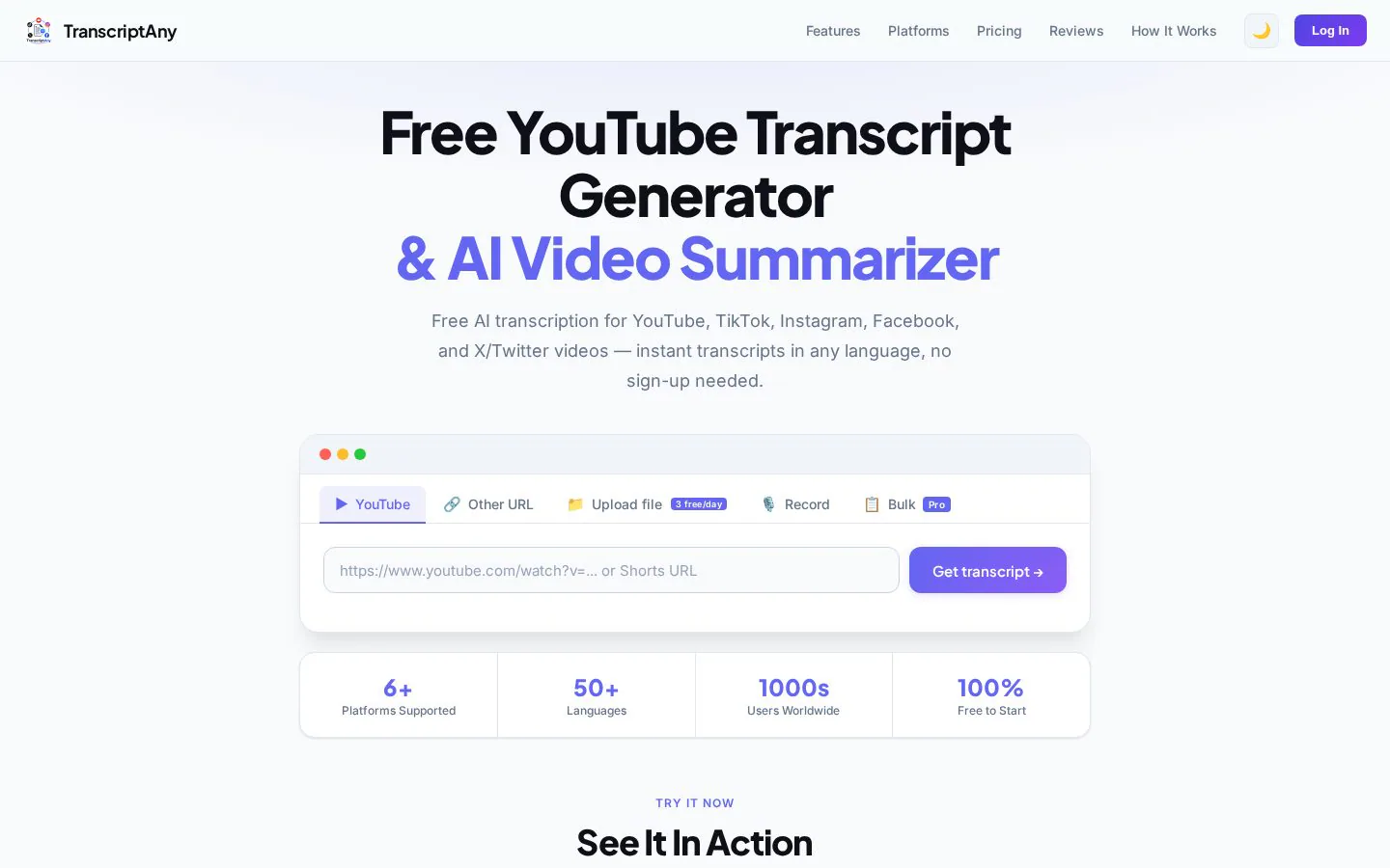 TranscriptAny website homepage