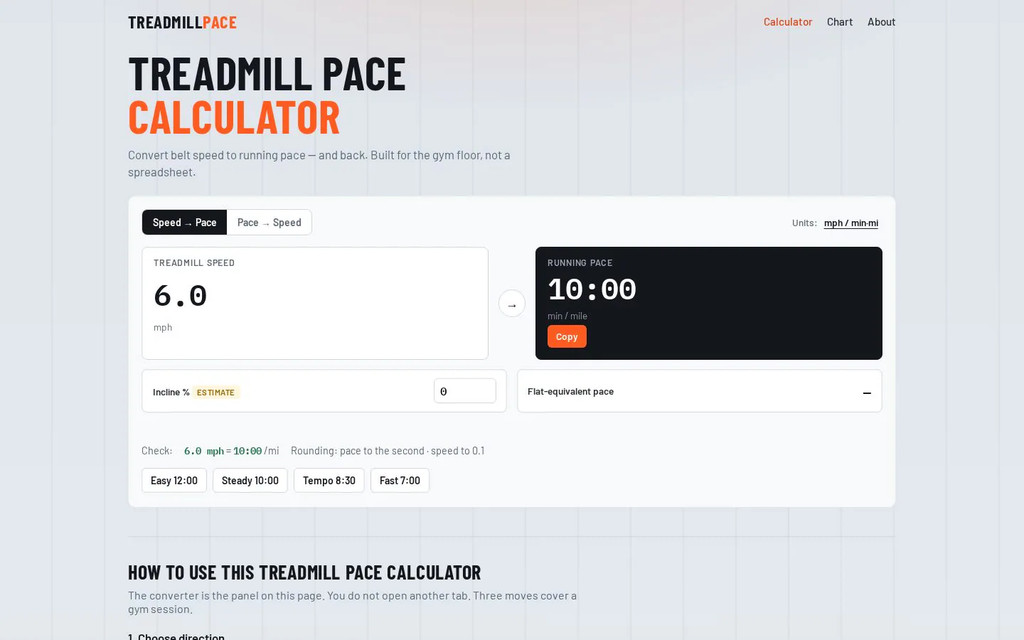 TreadmillPace screenshot showing a trackmill pace calculator