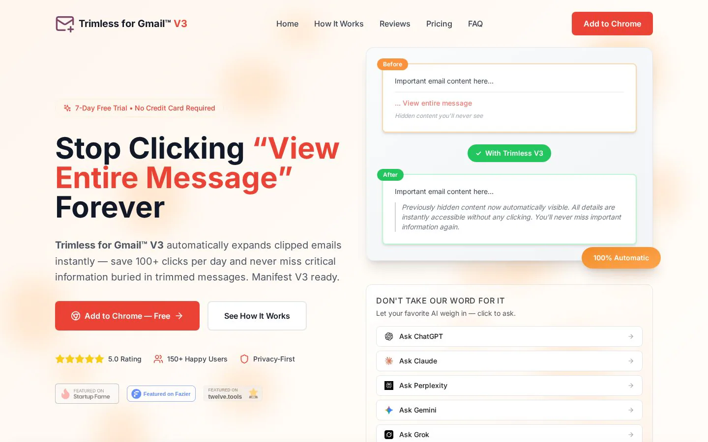 Trimless for GmailTM V3 website homepage