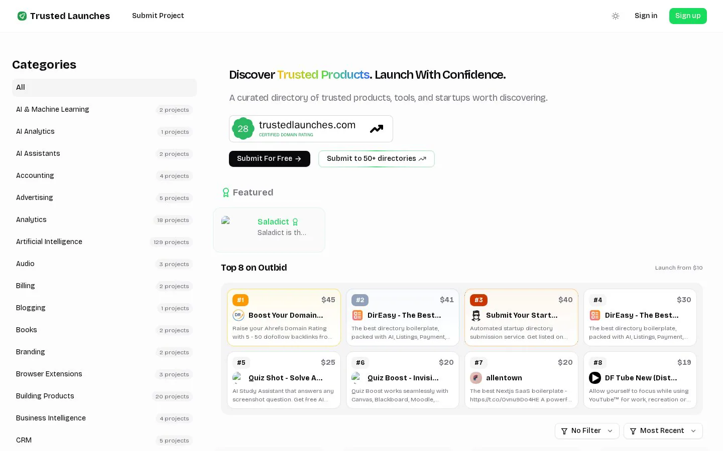 Trusted Launches screenshot showing a list of products