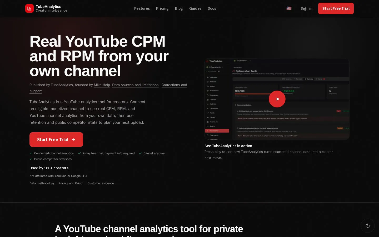 TubeAnalytics website homepage