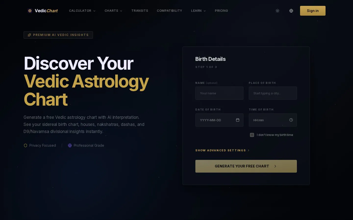 Vedic Astrology Chart website homepage