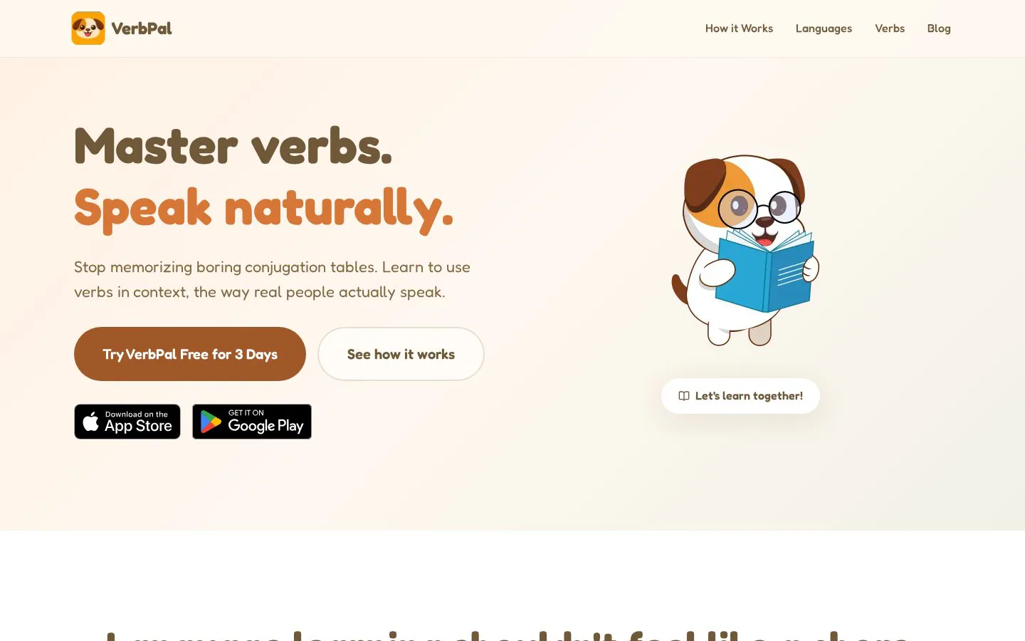 VerbPal homepage: learn verb conjugations in context