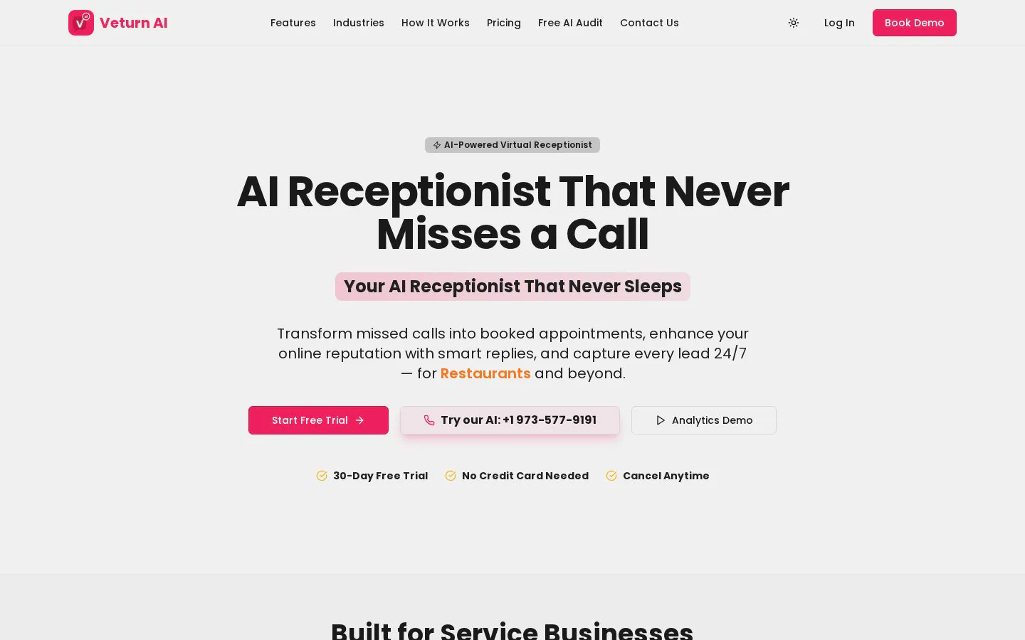 Veturn AI website homepage