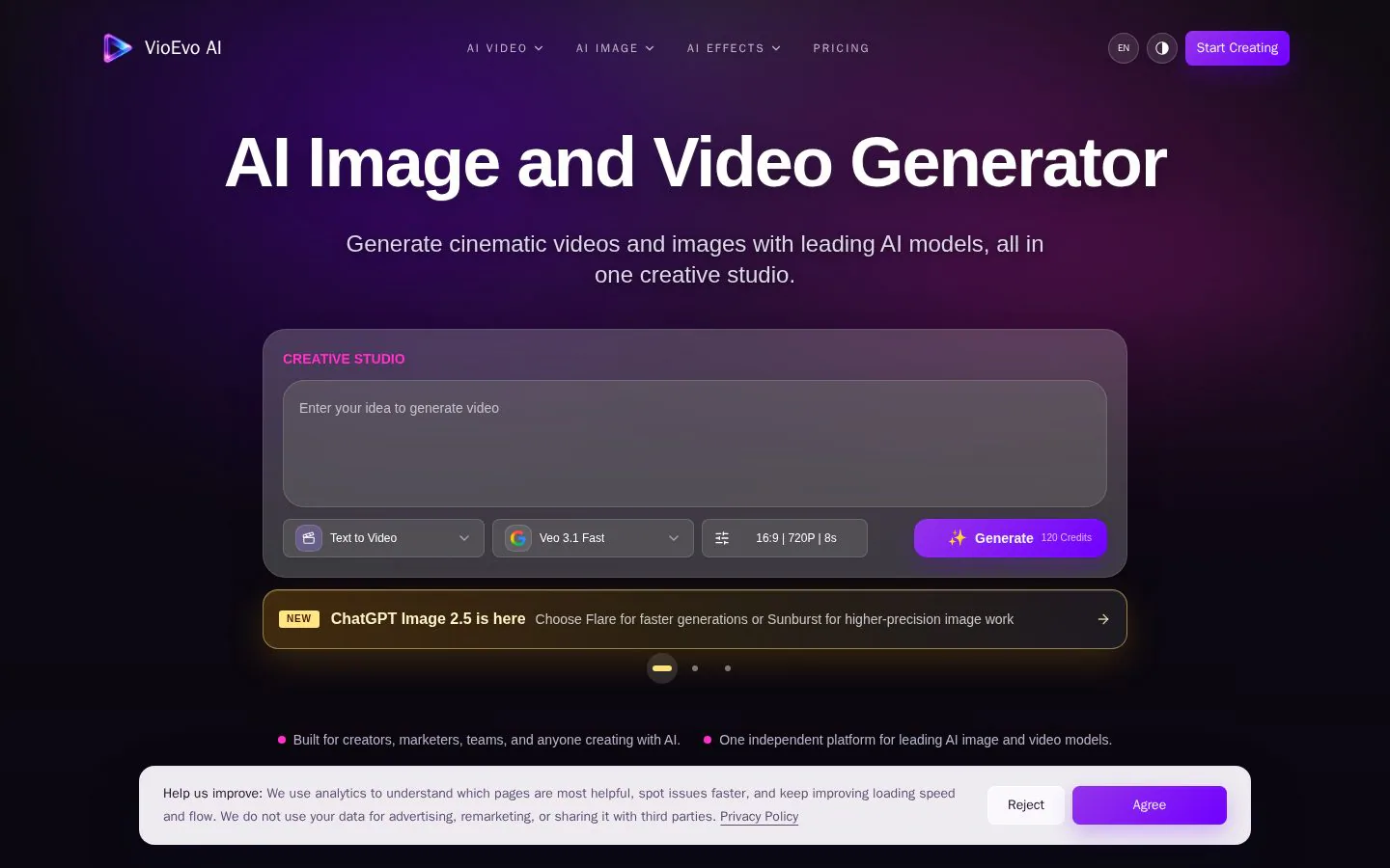 VioEvo AI website homepage