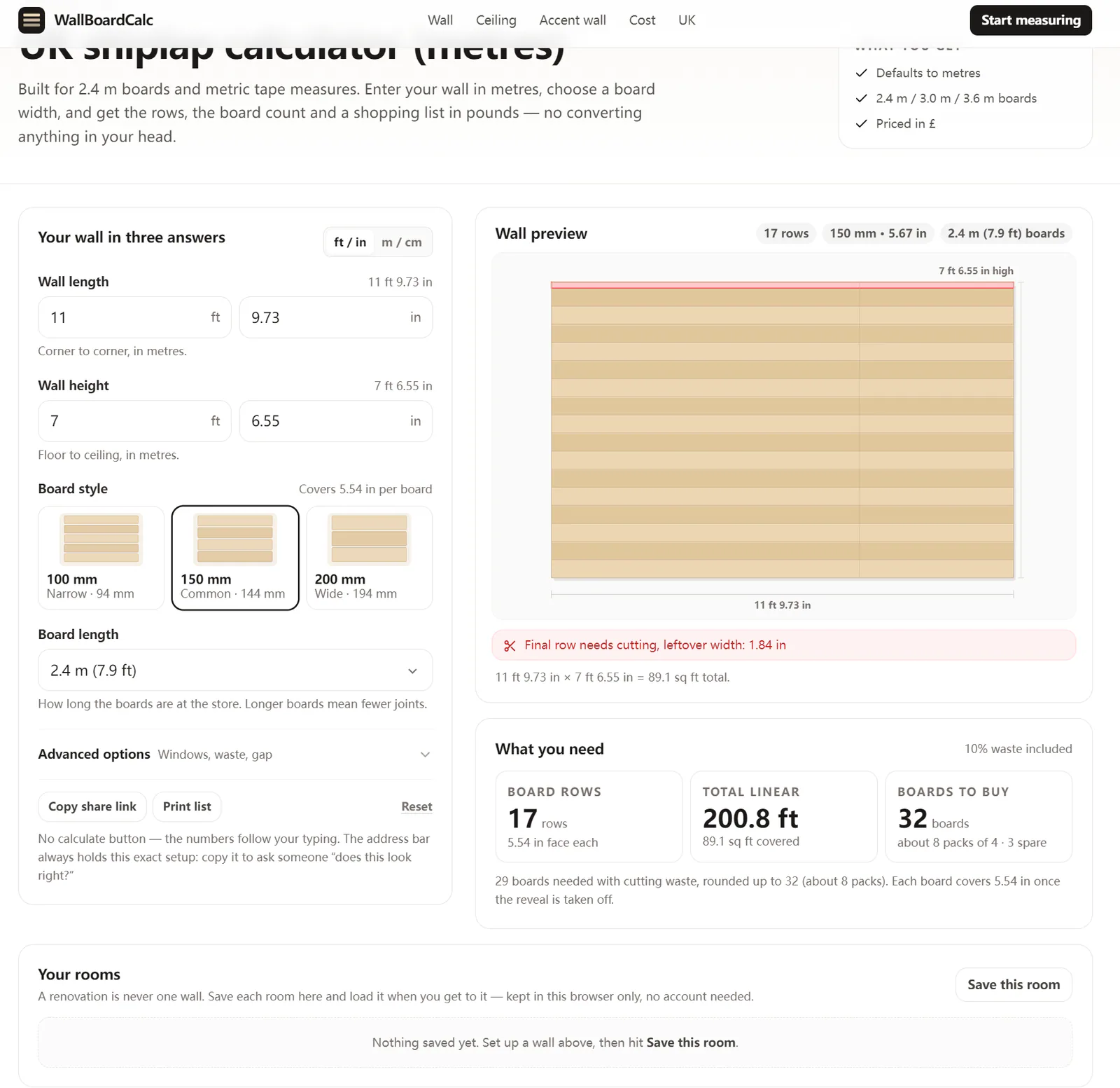 WallboardCalc shiplap material calculator interface, visual layout preview and lumber estimate result