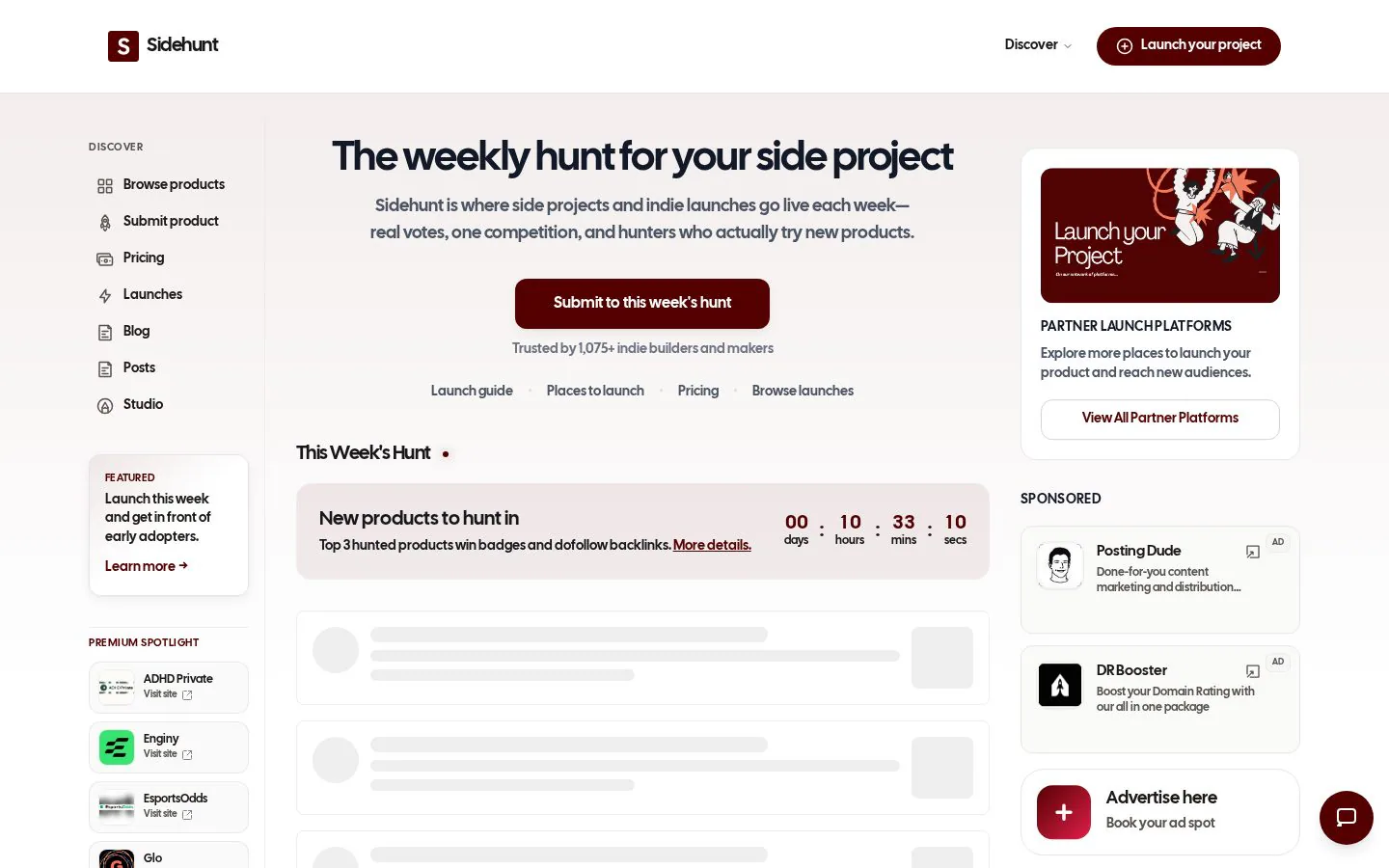 Weekly hunt for side projects and products website homepage
