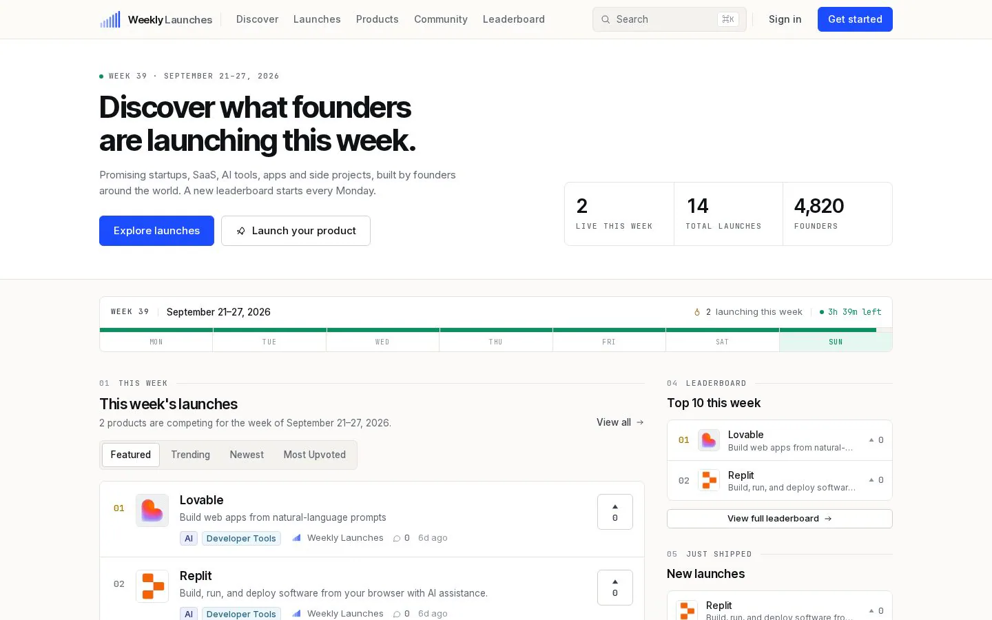 Weekly Launches website homepage