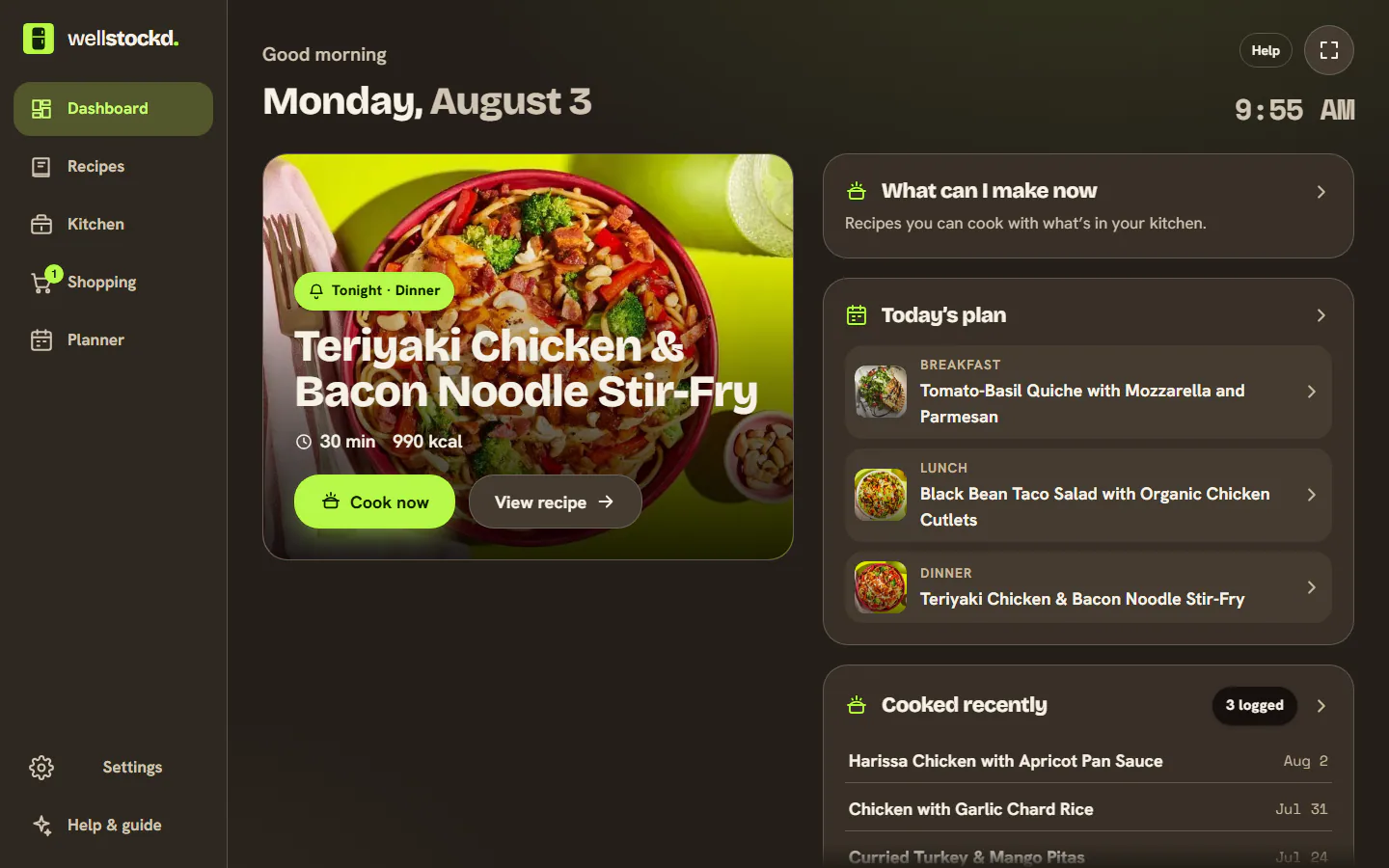 A screenshot of a website with a recipe for Teriyaki Chicken and bacon noodle stir-fry.