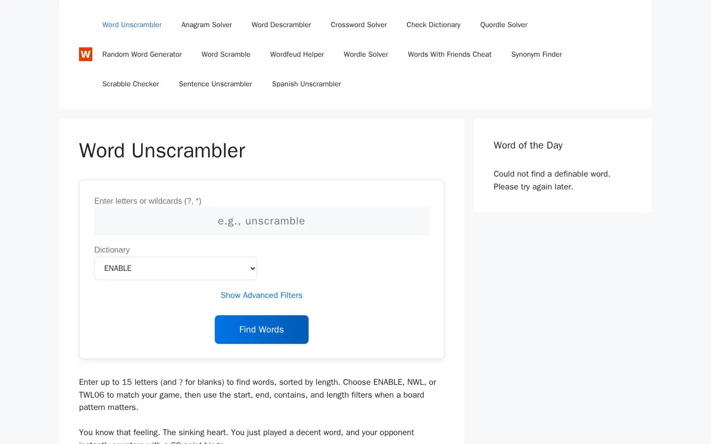 WordUnscrambler.tips website homepage