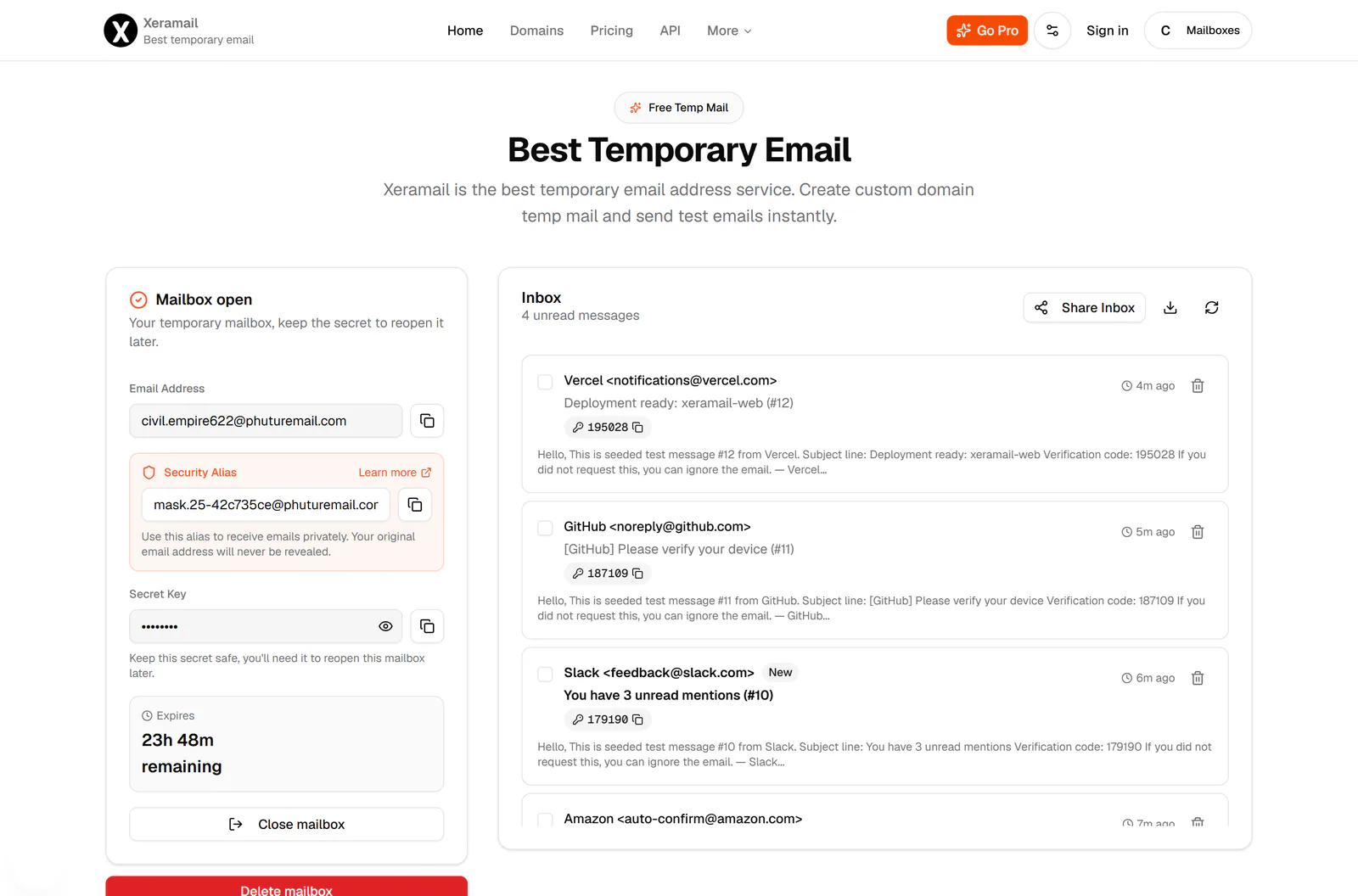 Xeramail Temp Mail screenshot on IndieTools