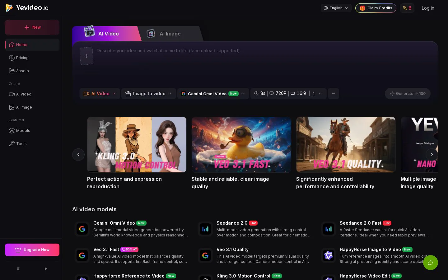 Yevideo AI website homepage