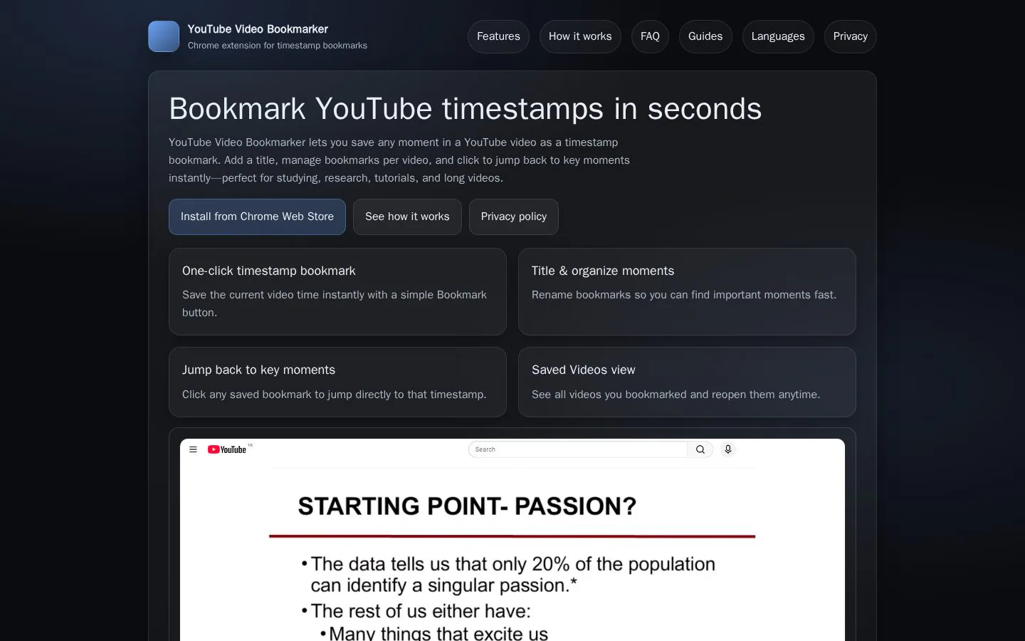 YouTube Video Bookmarker website homepage