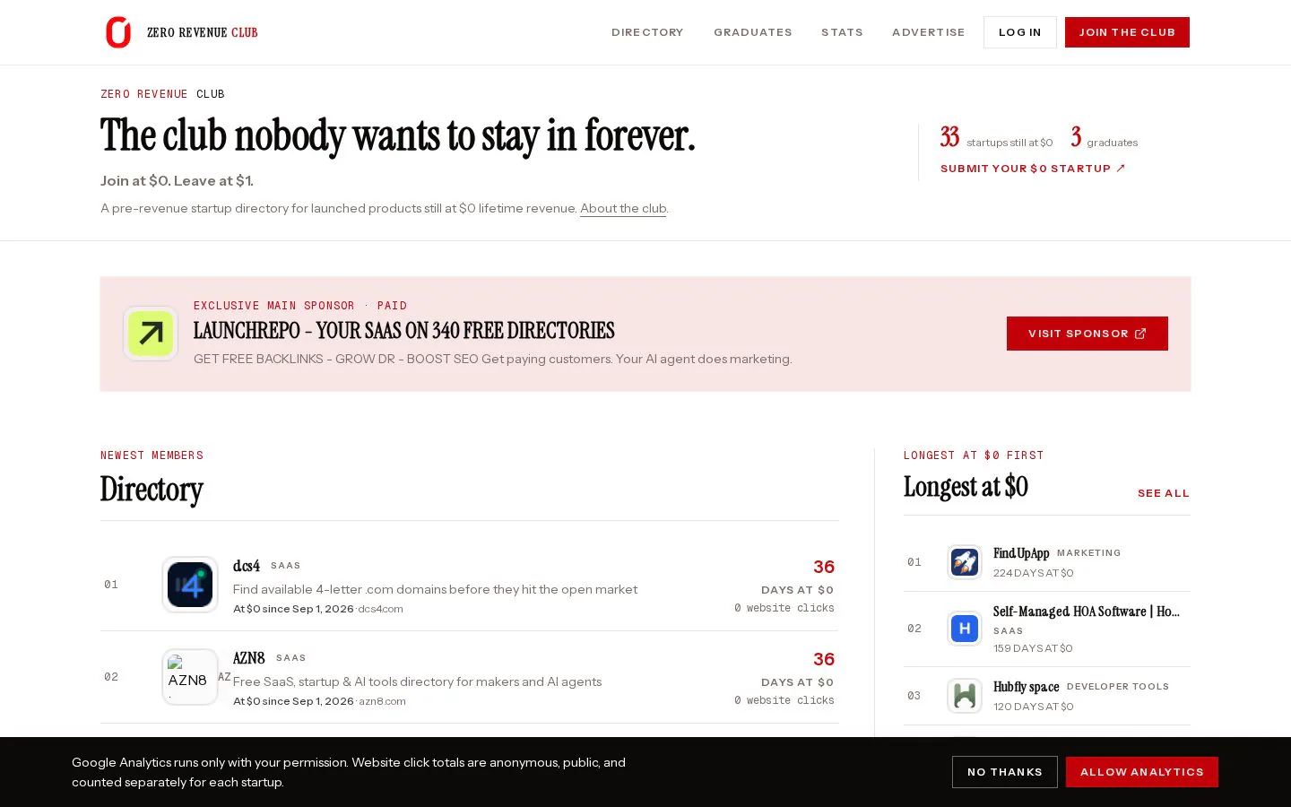 Homepage of zerorevenue.club