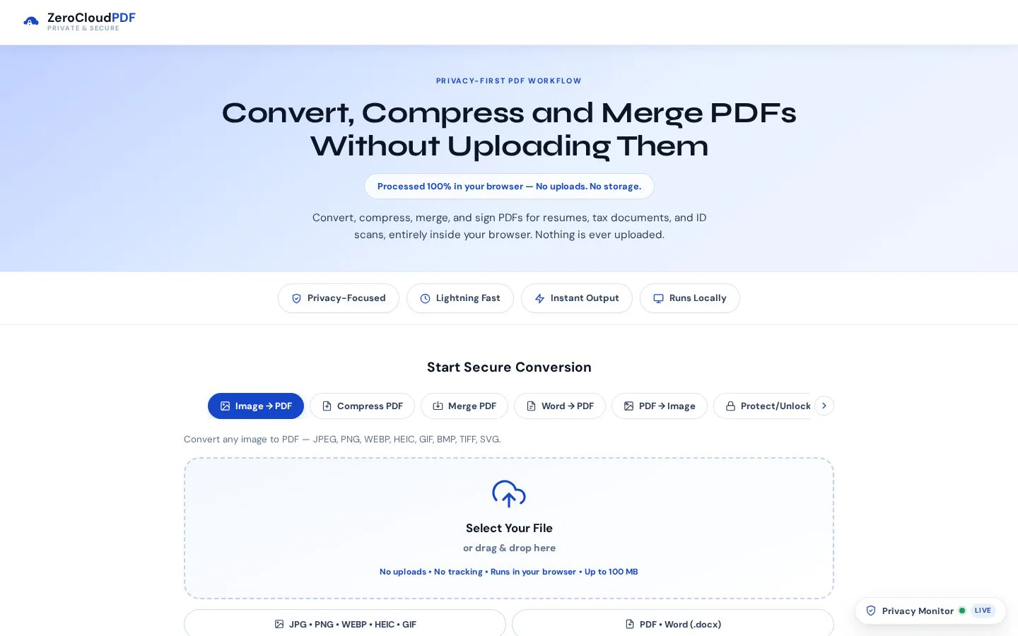 ZeroCloudPDF website homepage