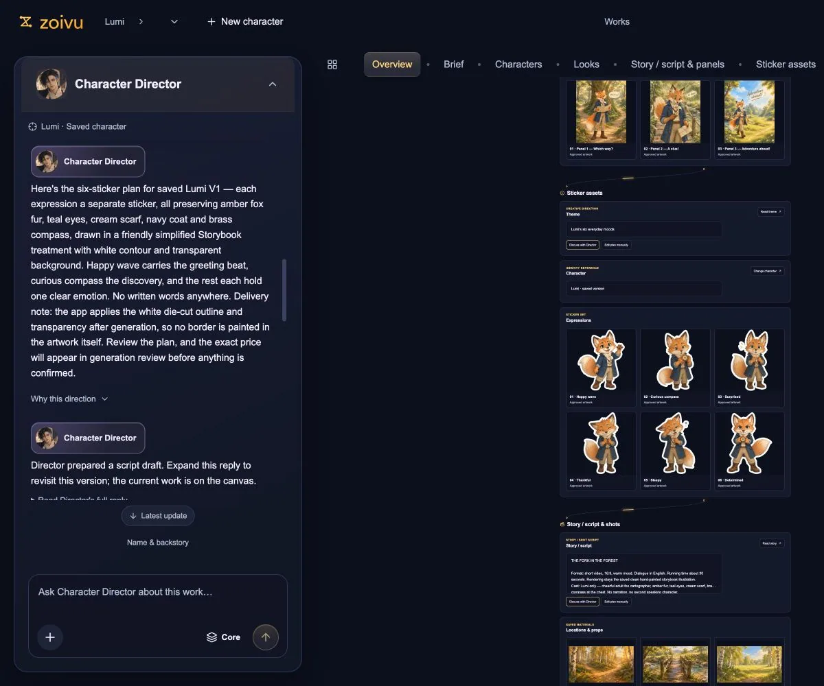 Zoivu character director interface showing script preview and artwork gallery