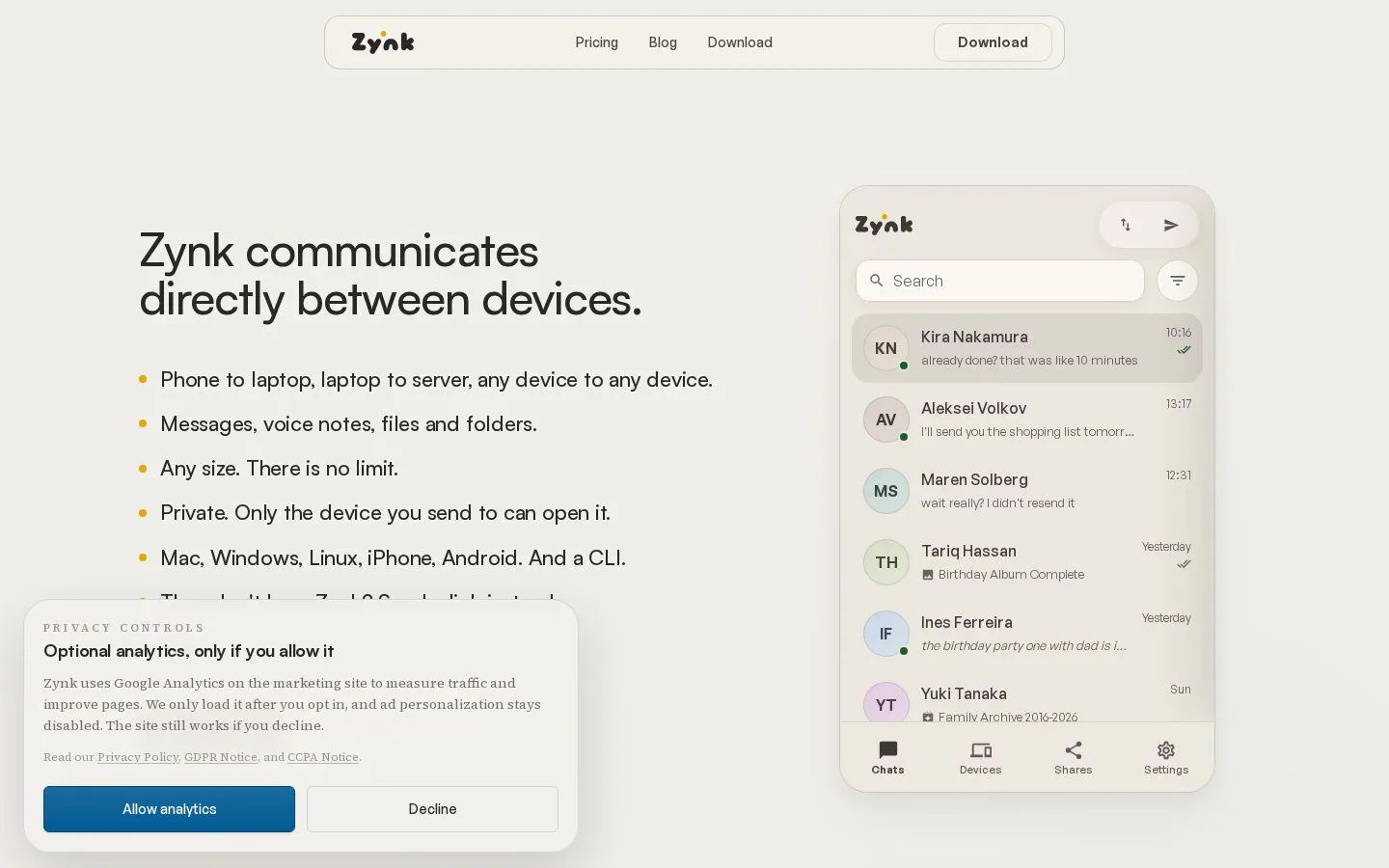 Zynk website homepage
